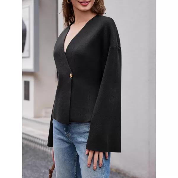 imageSaodimallsu Womens V Neck Cardigans Long Bell Sleeve Button Down Open Front Loose Knit Fall Sweater BlazerBlack