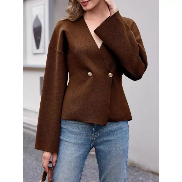 imageSaodimallsu Womens V Neck Cardigans Long Bell Sleeve Button Down Open Front Loose Knit Fall Sweater BlazerBrown