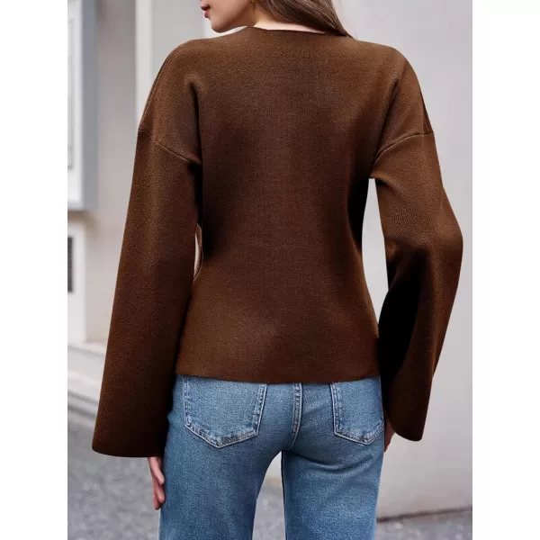 imageSaodimallsu Womens V Neck Cardigans Long Bell Sleeve Button Down Open Front Loose Knit Fall Sweater BlazerBrown