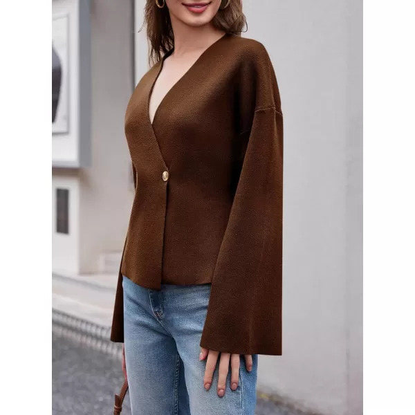 imageSaodimallsu Womens V Neck Cardigans Long Bell Sleeve Button Down Open Front Loose Knit Fall Sweater BlazerBrown