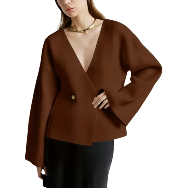 imageSaodimallsu Womens V Neck Cardigans Long Bell Sleeve Button Down Open Front Loose Knit Fall Sweater BlazerBrown