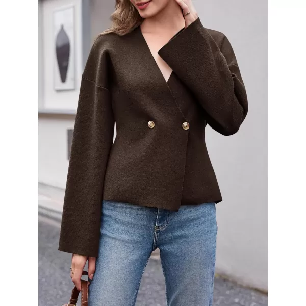 imageSaodimallsu Womens V Neck Cardigans Long Bell Sleeve Button Down Open Front Loose Knit Fall Sweater BlazerCoffee