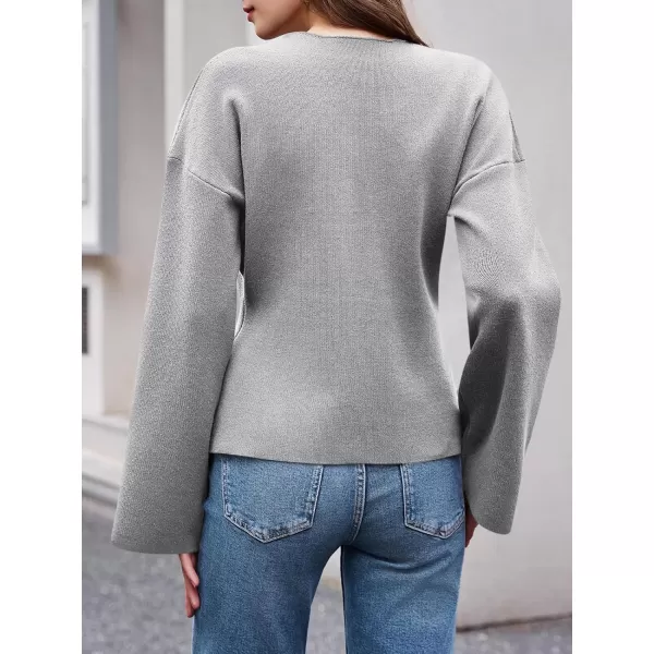 imageSaodimallsu Womens V Neck Cardigans Long Bell Sleeve Button Down Open Front Loose Knit Fall Sweater BlazerGray