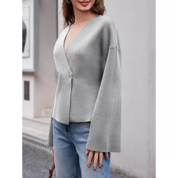 imageSaodimallsu Womens V Neck Cardigans Long Bell Sleeve Button Down Open Front Loose Knit Fall Sweater BlazerGray