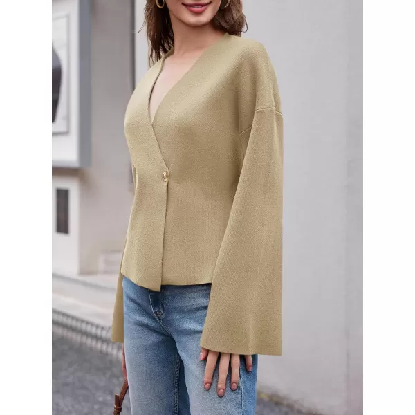 imageSaodimallsu Womens V Neck Cardigans Long Bell Sleeve Button Down Open Front Loose Knit Fall Sweater BlazerKhaki