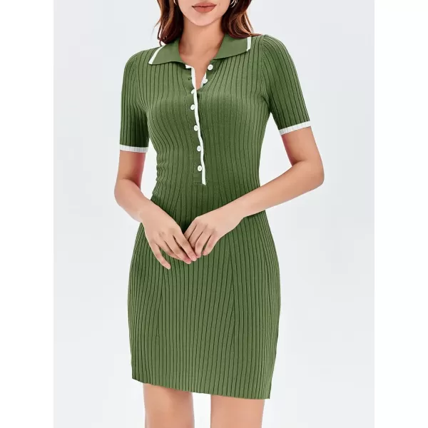 imageSaodimallsu Womens V Neck Short Sleeve Slim Fit Bodycon Sweater Dress Button Up Ribbed Knit Mini Summer DressesArmy Green