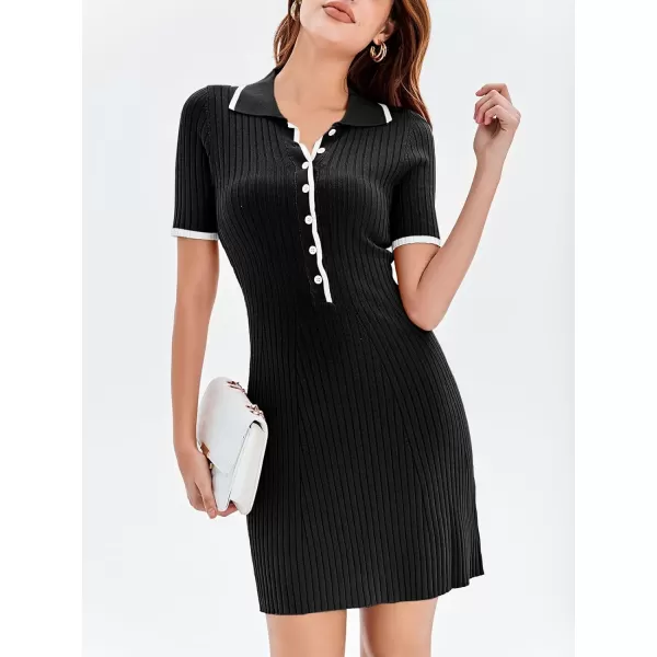 imageSaodimallsu Womens V Neck Short Sleeve Slim Fit Bodycon Sweater Dress Button Up Ribbed Knit Mini Summer DressesBlack