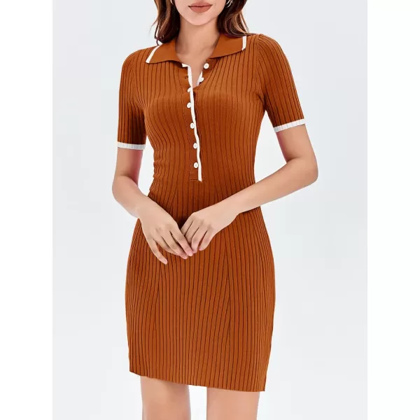 imageSaodimallsu Womens V Neck Short Sleeve Slim Fit Bodycon Sweater Dress Button Up Ribbed Knit Mini Summer DressesBrown