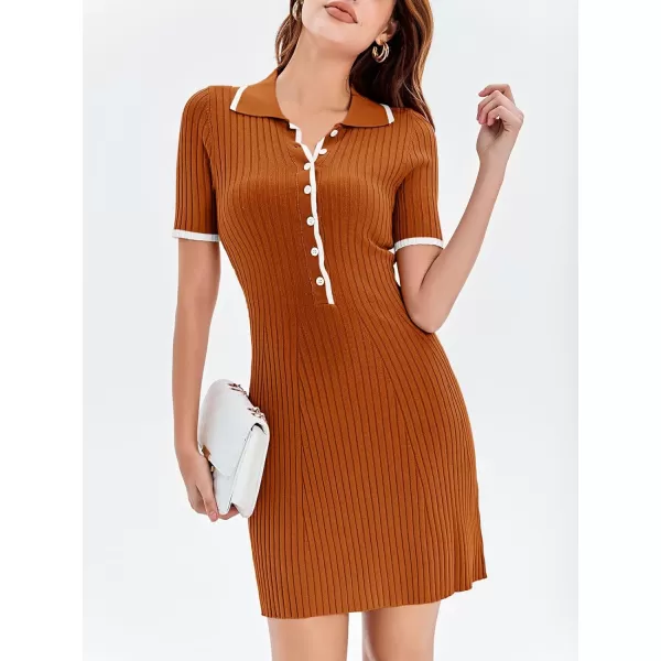 imageSaodimallsu Womens V Neck Short Sleeve Slim Fit Bodycon Sweater Dress Button Up Ribbed Knit Mini Summer DressesBrown