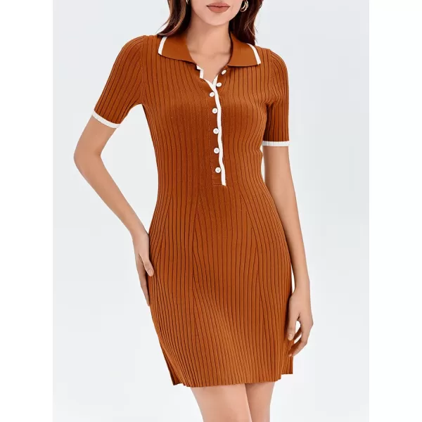 imageSaodimallsu Womens V Neck Short Sleeve Slim Fit Bodycon Sweater Dress Button Up Ribbed Knit Mini Summer DressesBrown