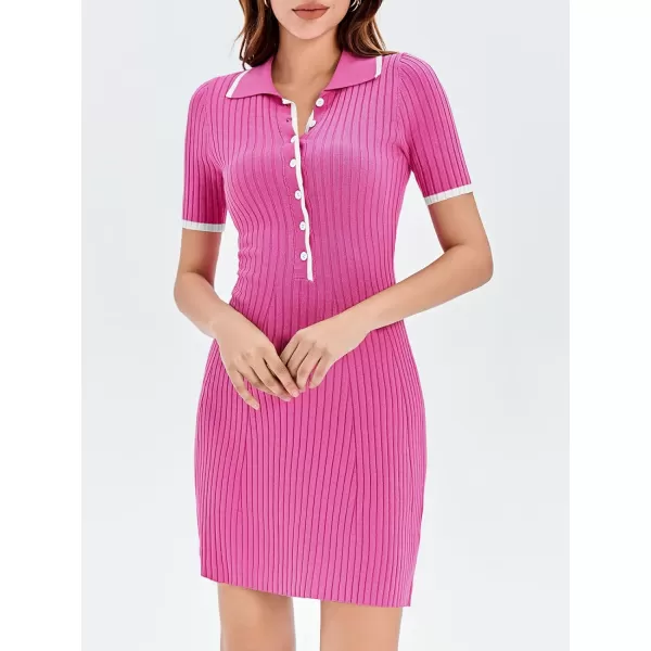 imageSaodimallsu Womens V Neck Short Sleeve Slim Fit Bodycon Sweater Dress Button Up Ribbed Knit Mini Summer DressesPink