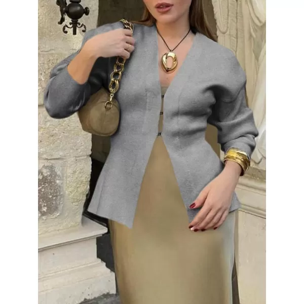 imageSaodimallsu Womens V Neck Sweater Blazer Peplum Long Sleeve Knit Open Front Split Cardigan SweatersLight Grey