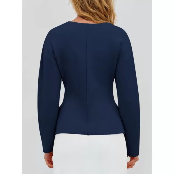 imageSaodimallsu Womens V Neck Sweater Blazer Peplum Long Sleeve Knit Open Front Split Cardigan SweatersNavy Blue