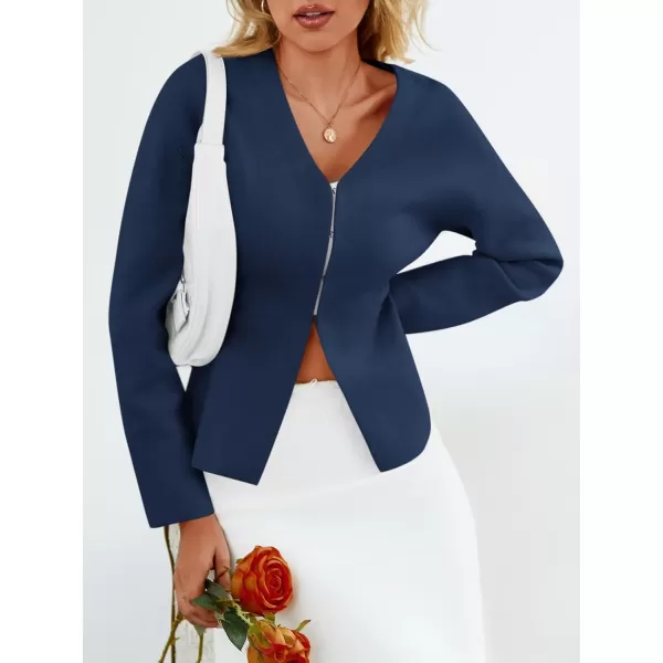 imageSaodimallsu Womens V Neck Sweater Blazer Peplum Long Sleeve Knit Open Front Split Cardigan SweatersNavy Blue