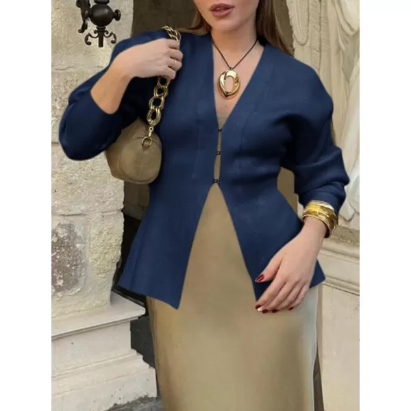 imageSaodimallsu Womens V Neck Sweater Blazer Peplum Long Sleeve Knit Open Front Split Cardigan SweatersNavy Blue