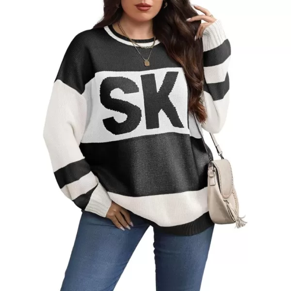 imageBeautife Womens Plus Size Color Block Sweater Ski Print Fall Trendy Crew Neck Long Sleeve Loose Pullover Knit TopsBlack and White