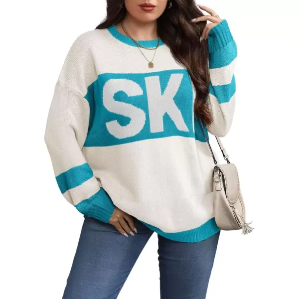 imageBeautife Womens Plus Size Color Block Sweater Ski Print Fall Trendy Crew Neck Long Sleeve Loose Pullover Knit TopsBlue