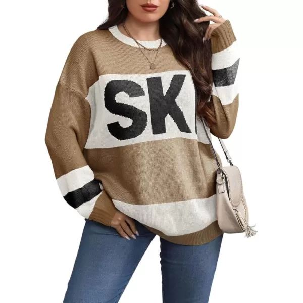 imageBeautife Womens Plus Size Color Block Sweater Ski Print Fall Trendy Crew Neck Long Sleeve Loose Pullover Knit TopsKhaki