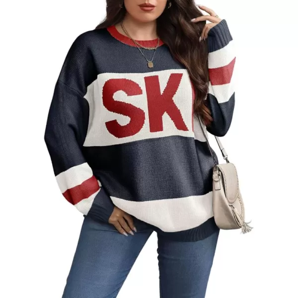 imageBeautife Womens Plus Size Color Block Sweater Ski Print Fall Trendy Crew Neck Long Sleeve Loose Pullover Knit TopsNavy Blue