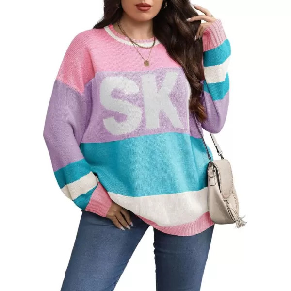 imageBeautife Womens Plus Size Color Block Sweater Ski Print Fall Trendy Crew Neck Long Sleeve Loose Pullover Knit TopsPink