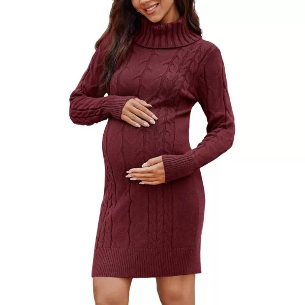 imageLangwyqu Womens Maternity Sweater Dress Cable Knit Sexy Bodycon Turtleneck Long Sleeve Mini Fall Sweaters DressesWine Red