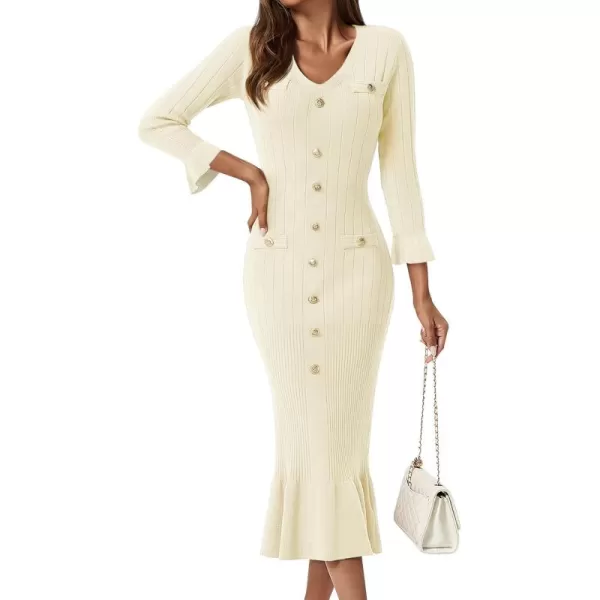 imageSaodimallsu Womens Bodycon Fall Winter Sweater Dress V Neck 34 Sleeve Button Ruffle Ribbed Knit Midi DressesBeige