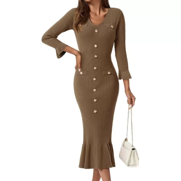 imageSaodimallsu Womens Bodycon Fall Winter Sweater Dress V Neck 34 Sleeve Button Ruffle Ribbed Knit Midi DressesBrown