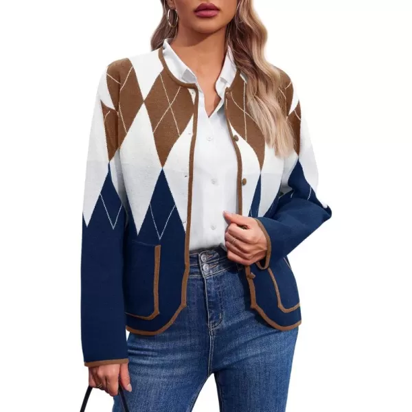 imageSaodimallsu Womens Checkered Cardigan Sweaters Crew Neck Button Down Long Sleeve Plaid Knit Coats with PocketsBrown