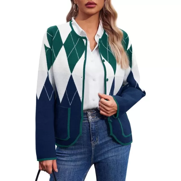 imageSaodimallsu Womens Checkered Cardigan Sweaters Crew Neck Button Down Long Sleeve Plaid Knit Coats with PocketsGreen