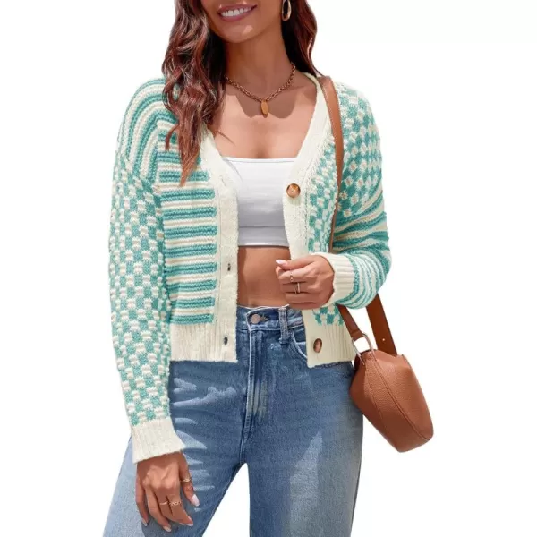 imageSaodimallsu Womens Checkered Cardigan Sweaters Striped Cropped Button Fall Trendy Open Front Knit Sweater CoatsBluegreen