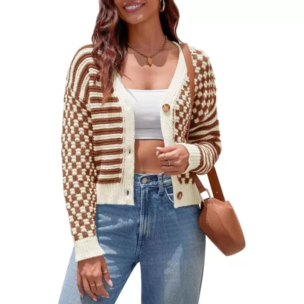 imageSaodimallsu Womens Checkered Cardigan Sweaters Striped Cropped Button Fall Trendy Open Front Knit Sweater CoatsLight Brown