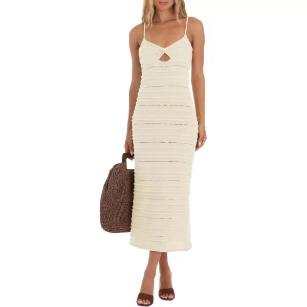 imageSaodimallsu Womens Crochet Knit Dress Summer Casual Sleeveless V Neck Spaghetti Strap Twist Midi Sweater DressesBeige