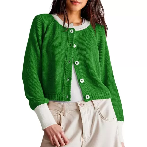 imageSaodimallsu Womens Cropped Cardigan Sweaters Button Down Open Front Long Sleeve Fall Trendy Color Block Knit CoatsGreen