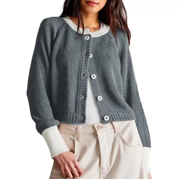 imageSaodimallsu Womens Cropped Cardigan Sweaters Button Down Open Front Long Sleeve Fall Trendy Color Block Knit CoatsGrey