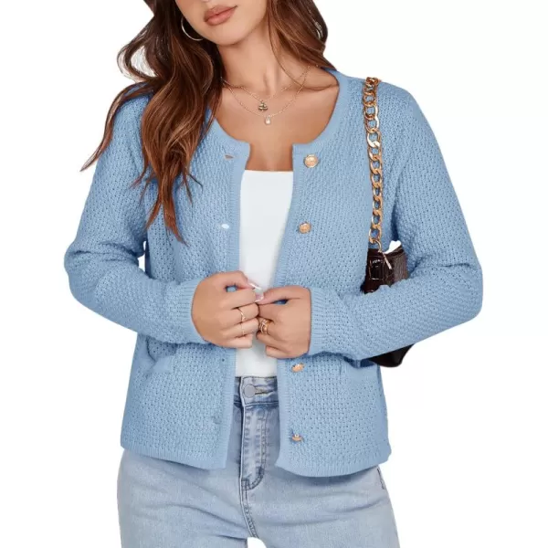 imageSaodimallsu Womens Cropped Cardigan Sweaters Chunky Button Down Long Sleeve Crewneck Waffle Knit Sweater JacketBlue