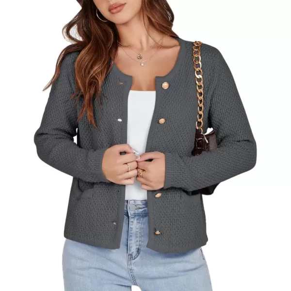 imageSaodimallsu Womens Cropped Cardigan Sweaters Chunky Button Down Long Sleeve Crewneck Waffle Knit Sweater JacketDark Grey