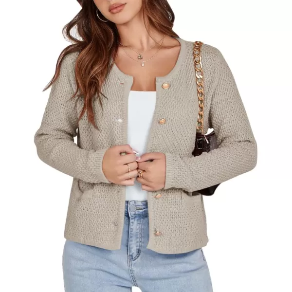 imageSaodimallsu Womens Cropped Cardigan Sweaters Chunky Button Down Long Sleeve Crewneck Waffle Knit Sweater JacketKhaki