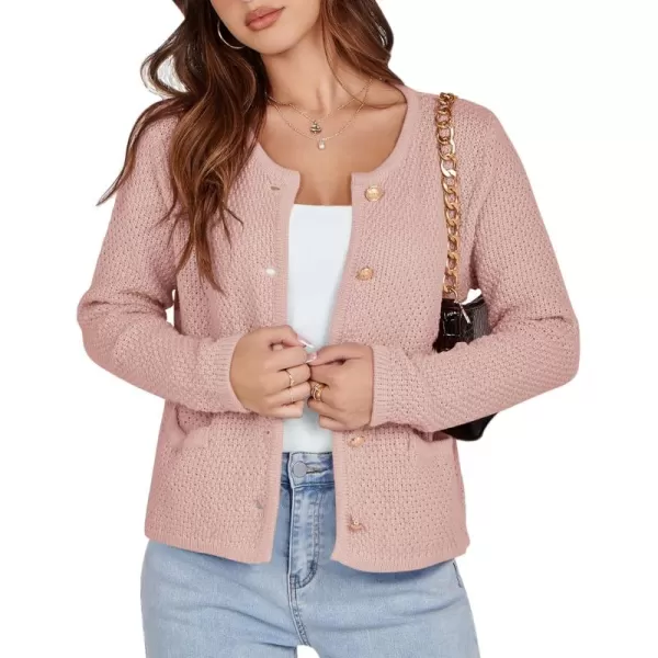 imageSaodimallsu Womens Cropped Cardigan Sweaters Chunky Button Down Long Sleeve Crewneck Waffle Knit Sweater JacketPink