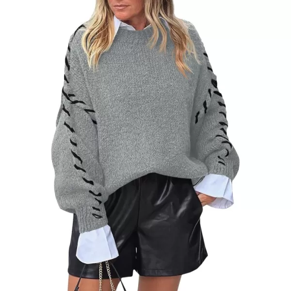 imageSaodimallsu Womens Oversized Sweaters Crew Neck Puff Long Sleeve Knit Fall Loose Chunky Trendy Casual Pullover TopGrey