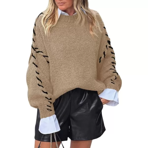 imageSaodimallsu Womens Oversized Sweaters Crew Neck Puff Long Sleeve Knit Fall Loose Chunky Trendy Casual Pullover TopKhaki