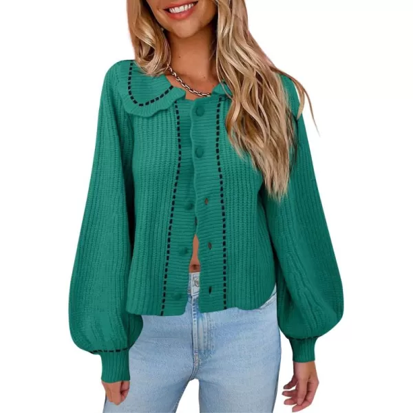 imageSaodimallsu Womens Puff Sleeve Cardigans 2024 Fall Babydoll Collared Button Loose Ribbed Knit Color Block Sweater CoatsGreen