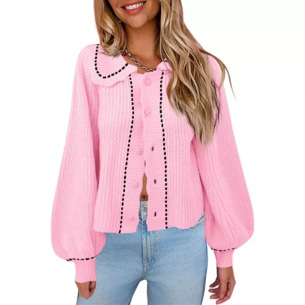 imageSaodimallsu Womens Puff Sleeve Cardigans 2024 Fall Babydoll Collared Button Loose Ribbed Knit Color Block Sweater CoatsPink