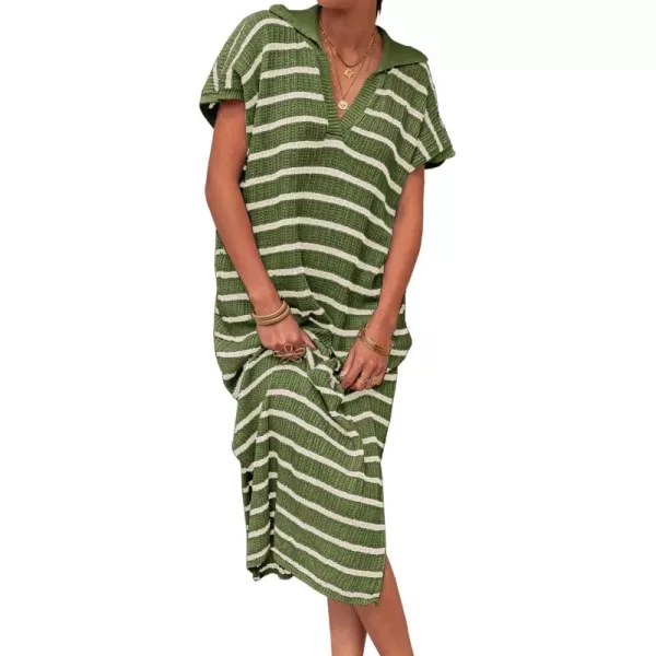 imageSaodimallsu Womens Striped Summer Dresses Short Sleeve V Neck Knit Collared Sexy Slit Loose Maxi Sweater DressArmy Green