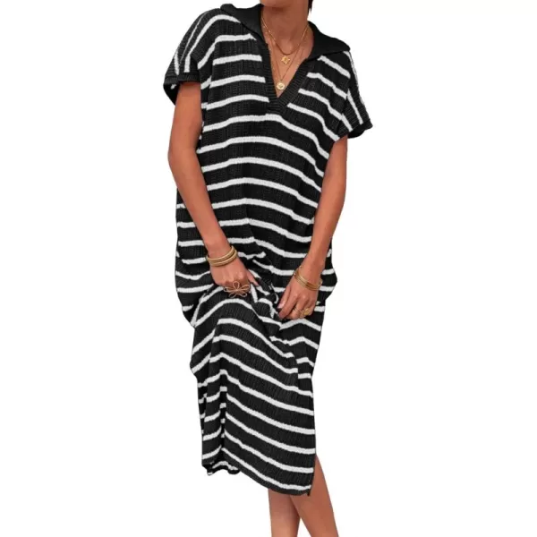 imageSaodimallsu Womens Striped Summer Dresses Short Sleeve V Neck Knit Collared Sexy Slit Loose Maxi Sweater DressBlack