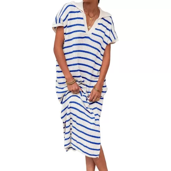 imageSaodimallsu Womens Striped Summer Dresses Short Sleeve V Neck Knit Collared Sexy Slit Loose Maxi Sweater DressBlue