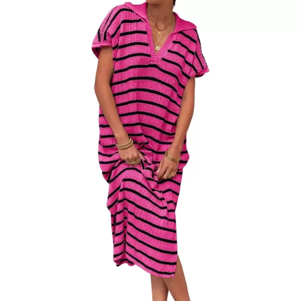 imageSaodimallsu Womens Striped Summer Dresses Short Sleeve V Neck Knit Collared Sexy Slit Loose Maxi Sweater DressDark Pink