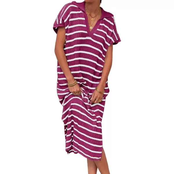 imageSaodimallsu Womens Striped Summer Dresses Short Sleeve V Neck Knit Collared Sexy Slit Loose Maxi Sweater DressFuchsia