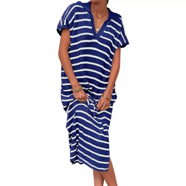 imageSaodimallsu Womens Striped Summer Dresses Short Sleeve V Neck Knit Collared Sexy Slit Loose Maxi Sweater DressNavy