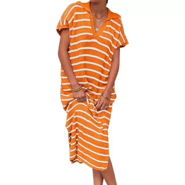 imageSaodimallsu Womens Striped Summer Dresses Short Sleeve V Neck Knit Collared Sexy Slit Loose Maxi Sweater DressOrange