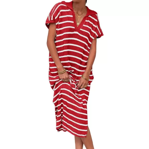 imageSaodimallsu Womens Striped Summer Dresses Short Sleeve V Neck Knit Collared Sexy Slit Loose Maxi Sweater DressRed